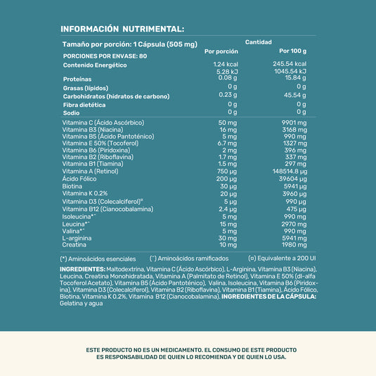 Etiqueta de información nutricional suplemento alimenticio cápsulas, vitaminas y aminoácidos