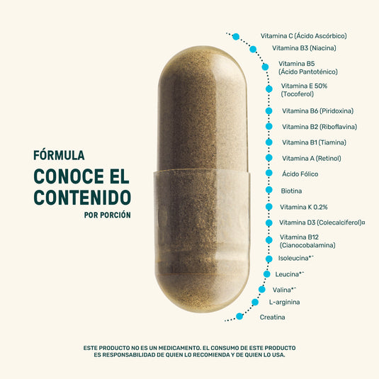 Cápsula de suplemento con lista de vitaminas y aminoácidos, fondo claro, texto informativo