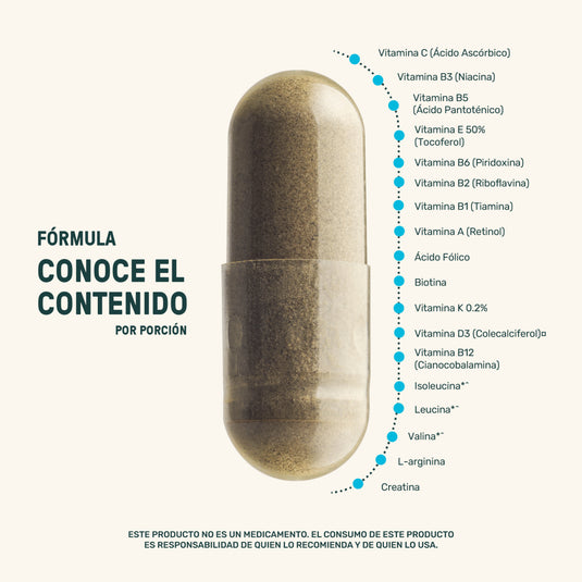 Cápsula de suplemento con lista de vitaminas y minerales, fondo claro, fórmula vitaminas.