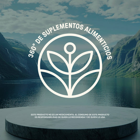 Logo de suplementos alimenticios 360° con fondo natural de lago y montañas