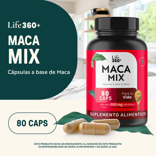 Frasco de cápsulas Life360+ Maca Mix, suplemento alimenticio, 80 caps, sobre mesa en cocina.