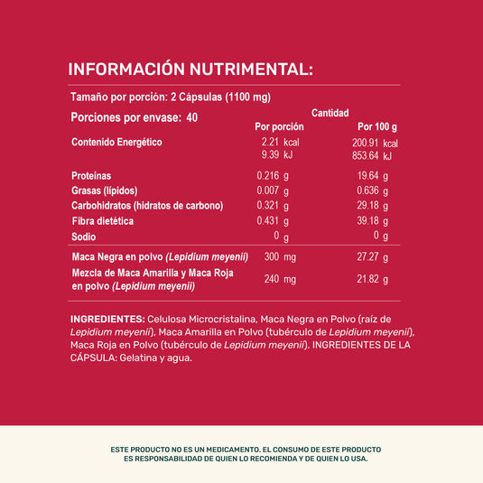 Tabla de información nutrimental y lista de ingredientes de cápsulas de maca en polvo.