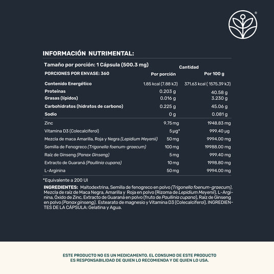 Tabla de información nutricional de suplemento con maca, ginseng, zinc y vitamina D3 en cápsulas.