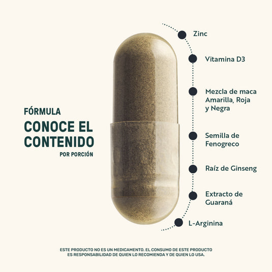 Cápsula de suplemento con ingredientes naturales como zinc, vitamina D3, maca y ginseng.