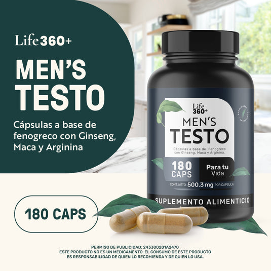 Suplemento Life360 Men's Testo en frasco, 180 cápsulas para hombres, a base de ginseng, maca y arginina.
