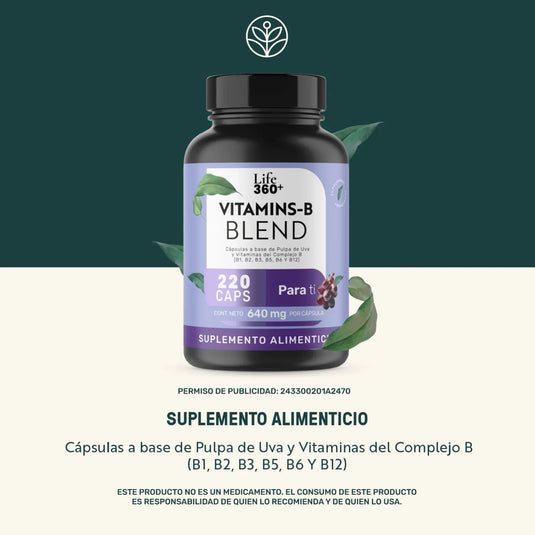 Frasco Life360 Vitamins-B Blend 220 cápsulas suplemento alimenticio con pulpa de uva y complejo B