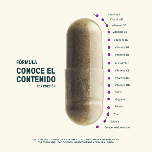 Cápsula de suplemento con vitaminas, minerales y colágeno, lista de ingredientes al lado.