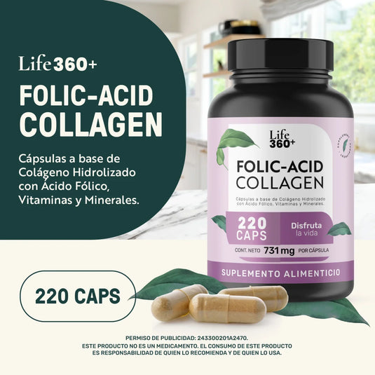 Frasco Life360+ Folic-Acid Collagen 220 cápsulas colágeno hidrolizado ácido fólico vitaminas
