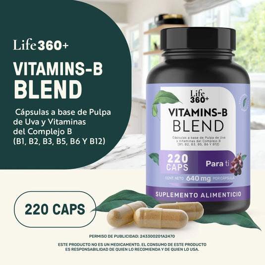 Frasco de Life360+ Vitamins-B Blend con 220 cápsulas de vitaminas B y pulpa de uva sobre mesa.