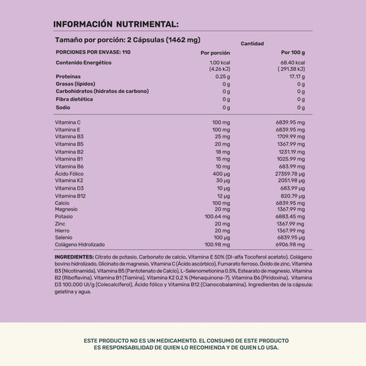 Etiqueta de información nutricional y lista de ingredientes de cápsulas de vitaminas B, colágeno, minerales y vitaminas, fondo lila.