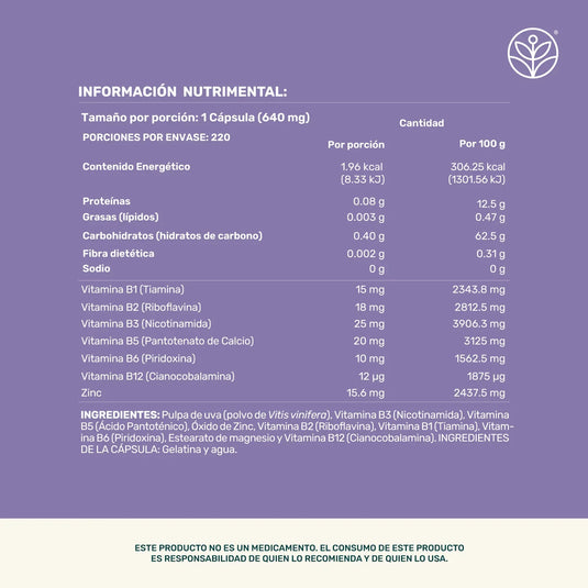 Tabla de información nutricional de cápsulas vitamínicas sobre fondo lila, con vitaminas B y zinc.