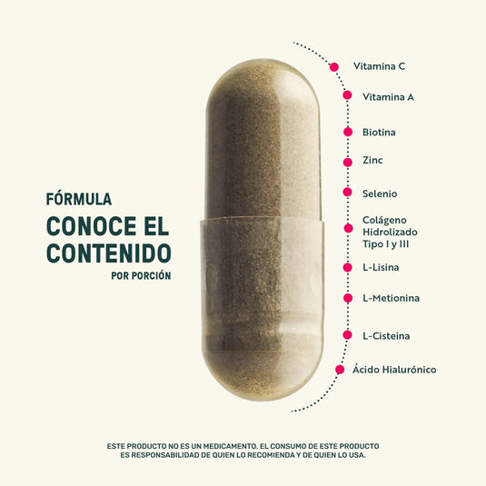 Cápsula de suplemento con ingredientes como colágeno, vitaminas y ácido hialurónico destacados.