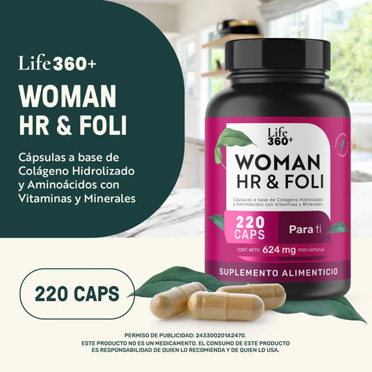 Frasco Life360+ Woman HR & Foli suplemento alimenticio 220 cápsulas, colágeno y vitaminas