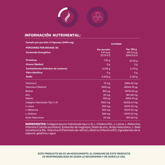 Etiqueta informativa de cápsulas con colágeno hidrolizado, vitaminas y minerales, fondo morado.