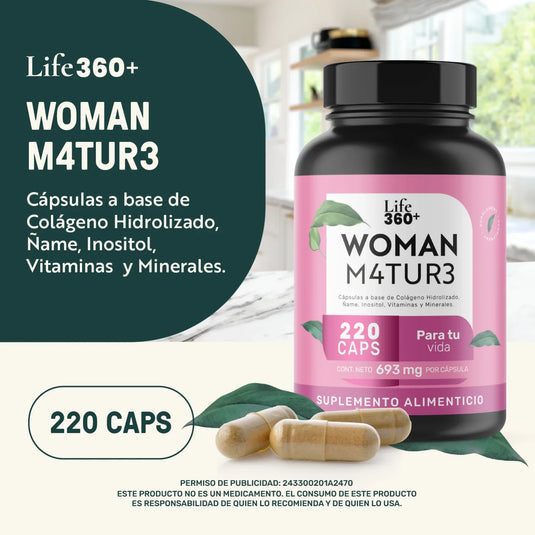 Frasco Life360+ Woman M4TUR3 220 cápsulas colágeno hidrolizado vitaminas y minerales