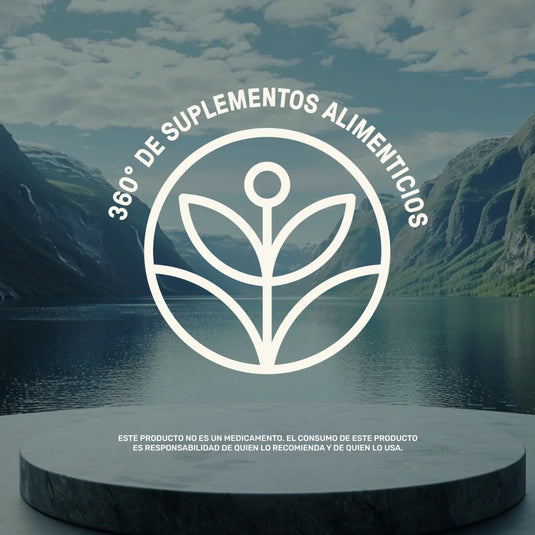 Logo 360° de suplementos alimenticios sobre lago y montañas, diseño natural y saludable.