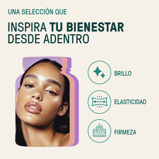 Mujer con piel luminosa en fondo crema, texto sobre bienestar, brillo, elasticidad y firmeza.