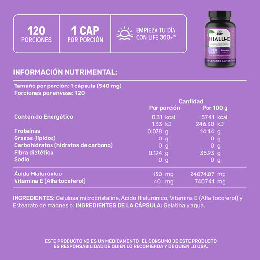 Etiqueta suplemento HIALU-E con información nutricional, ingredientes y cápsula de 120 porciones