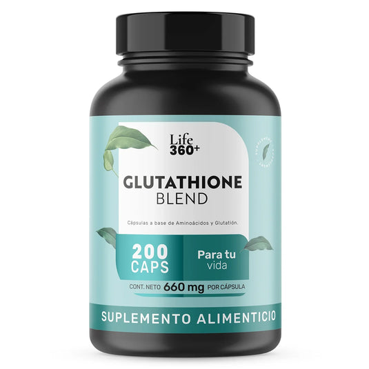 Frasco de suplemento alimenticio Life 360+ Glutathione Blend, 200 cápsulas, 660 mg