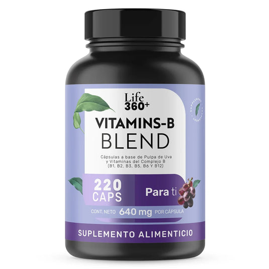 Frasco Life360+ Vitamins-B Blend, suplemento alimenticio de 220 cápsulas con uva