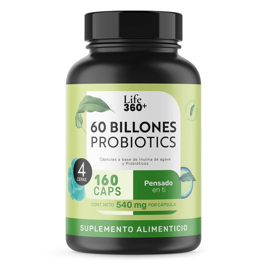 Frasco de suplemento alimenticio Life 360+ 60 billones probiotics, 160 cápsulas.