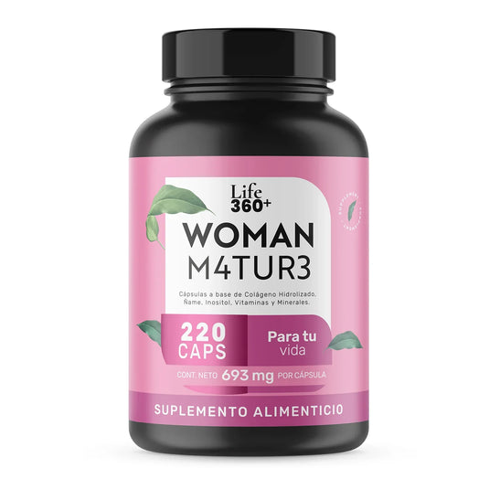 Frasco de suplemento alimenticio Life 360+ Woman Mature 220 cápsulas, etiqueta rosa.