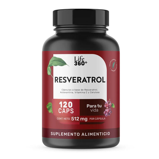 Frasco de suplemento alimenticio Resveratrol Life 360+, 120 cápsulas, 512 mg