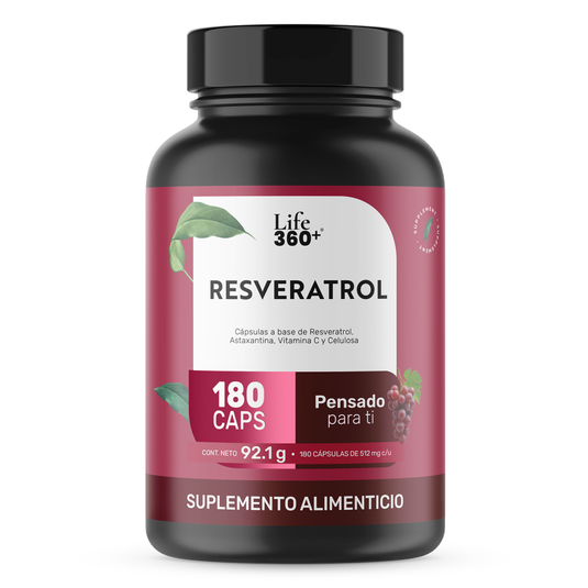 Frasco de Resveratrol Life 360+, suplemento alimenticio de 180 cápsulas, etiqueta color vino