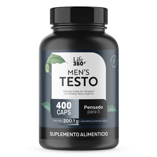 Frasco negro de suplemento alimenticio Life 360 Plus Men's Testo, 400 cápsulas