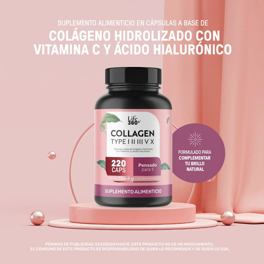 Frasco de suplemento alimenticio de colágeno hidrolizado Life360+ con vitamina C y ácido hialurónico sobre fondo rosa.