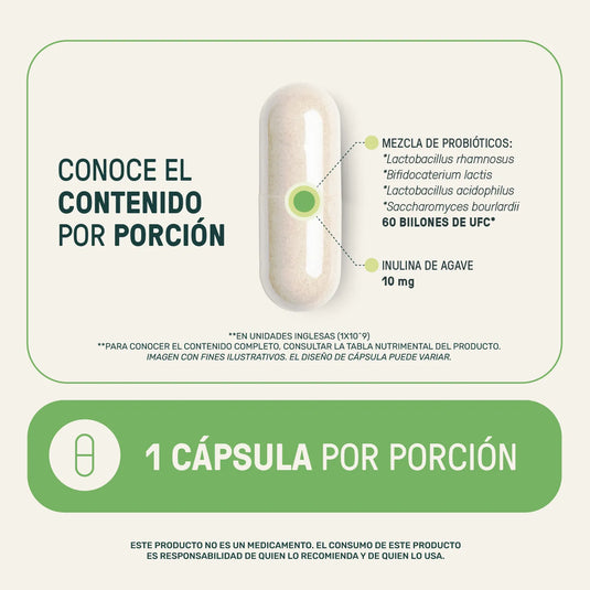 Cápsula de probióticos con inulina de agave, ingredientes y dosis por porción destacadas.