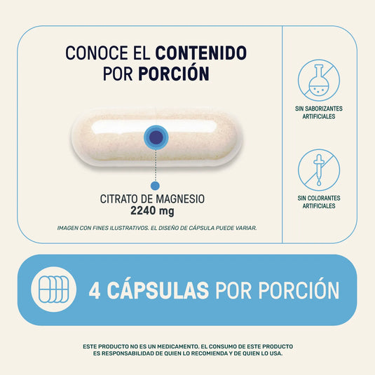 Cápsula de citrato de magnesio 2240 mg sin saborizantes ni colorantes artificiales
