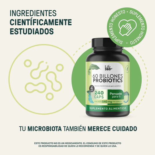 Frasco de probióticos Life360+, 60 billones, suplemento alimenticio con 240 cápsulas, fondo claro.