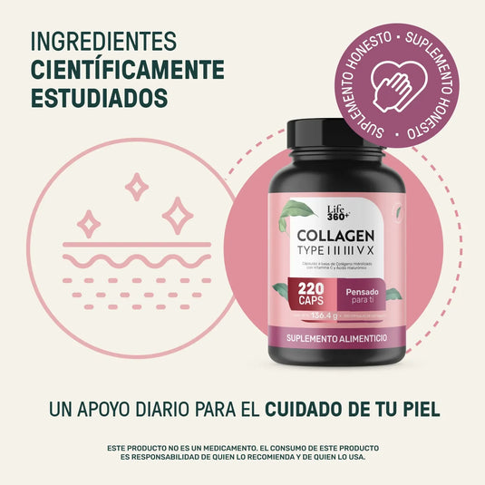 Frasco de colágeno Life 360+, suplemento alimenticio para el cuidado de la piel, 220 cápsulas.