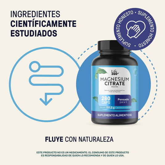 Frasco de suplemento Magnesium Citrate Life360+, 280 cápsulas, ingredientes científicamente estudiados.
