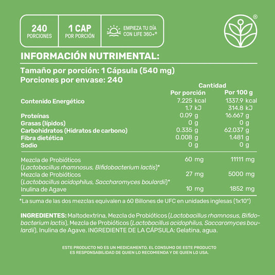 Etiqueta verde de información nutrimental y lista de ingredientes de cápsulas probióticas Life 360.