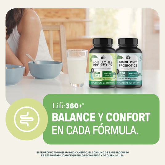 Suplementos probióticos Life360+ en mesa con desayuno, mensaje balance y confort