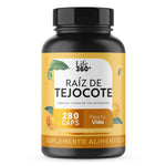 Frasco Life 360+ Raíz de Tejocote, suplemento alimenticio 280 cápsulas, etiqueta amarilla.