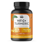 Frasco de suplemento alimenticio Life 360+ Vitamina C y cúrcuma, 270 cápsulas, 665mg